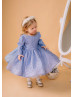 Long Sleeves Blue Glitter V Back Flower Girl Dress